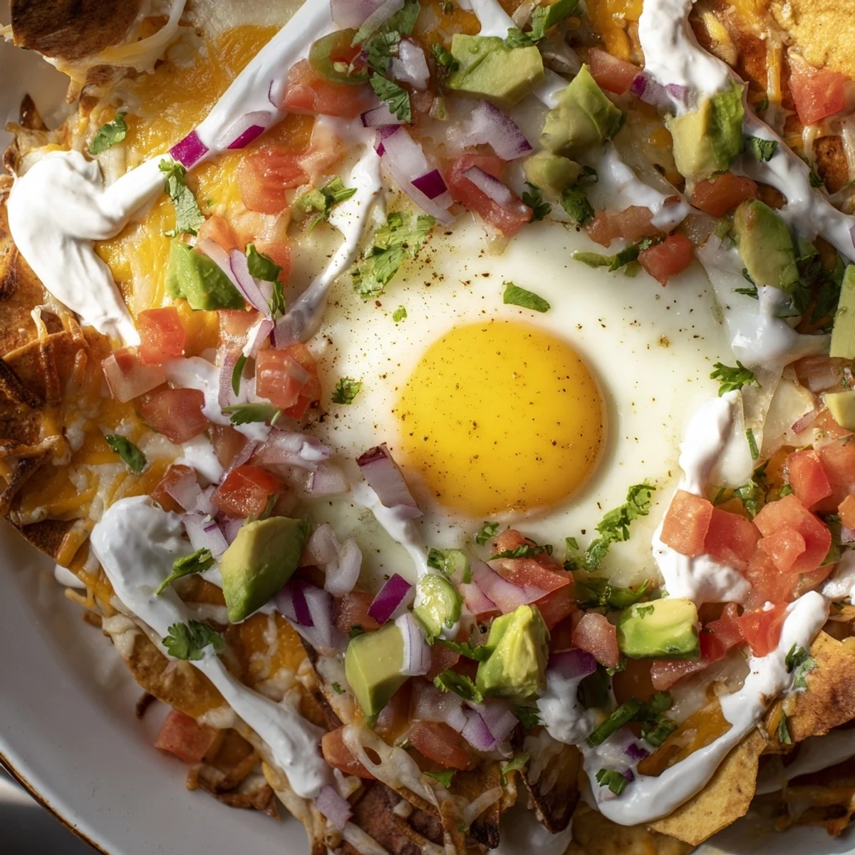 Golden melted cheese blankets crispy tortilla chips topped with sunny-side up eggs in this Mexican egg nachos recipe