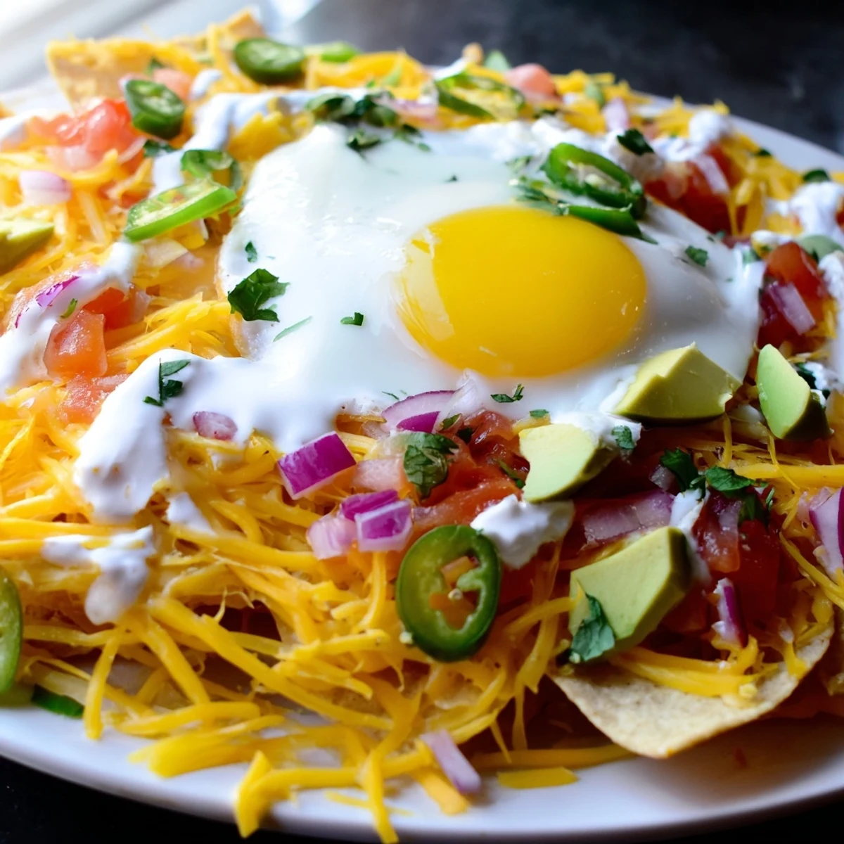 Vibrant breakfast spread featuring Mexican egg nachos piled high with fresh avocado salsa and creamy sour cream garnish