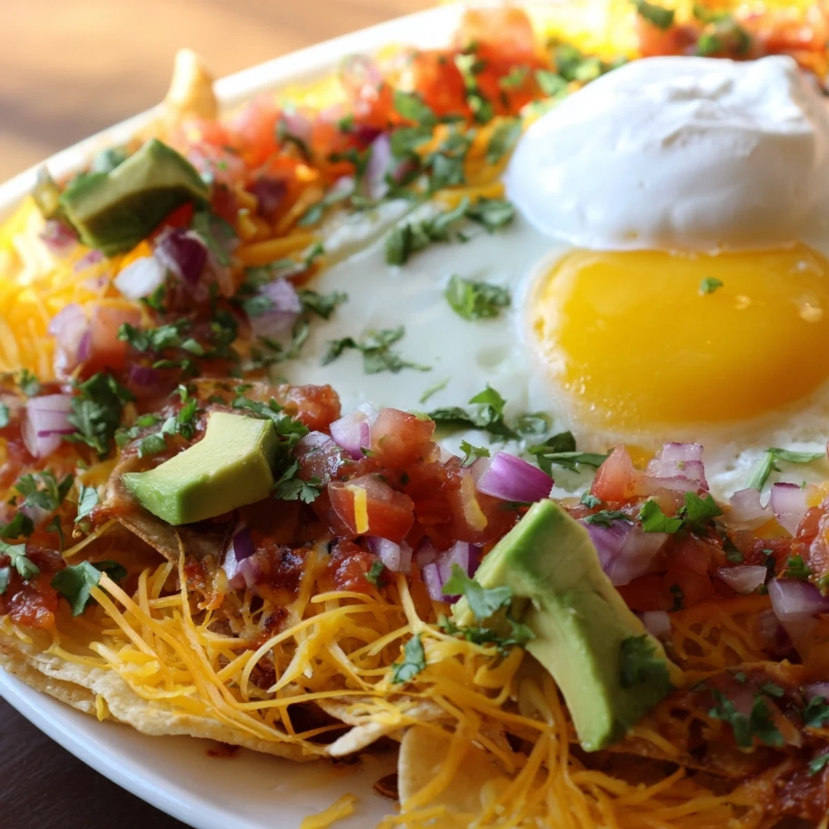 Sizzling skillet of Mexican egg nachos crowned with runny yolks fresh cilantro and zesty jalapeño slices for brunch