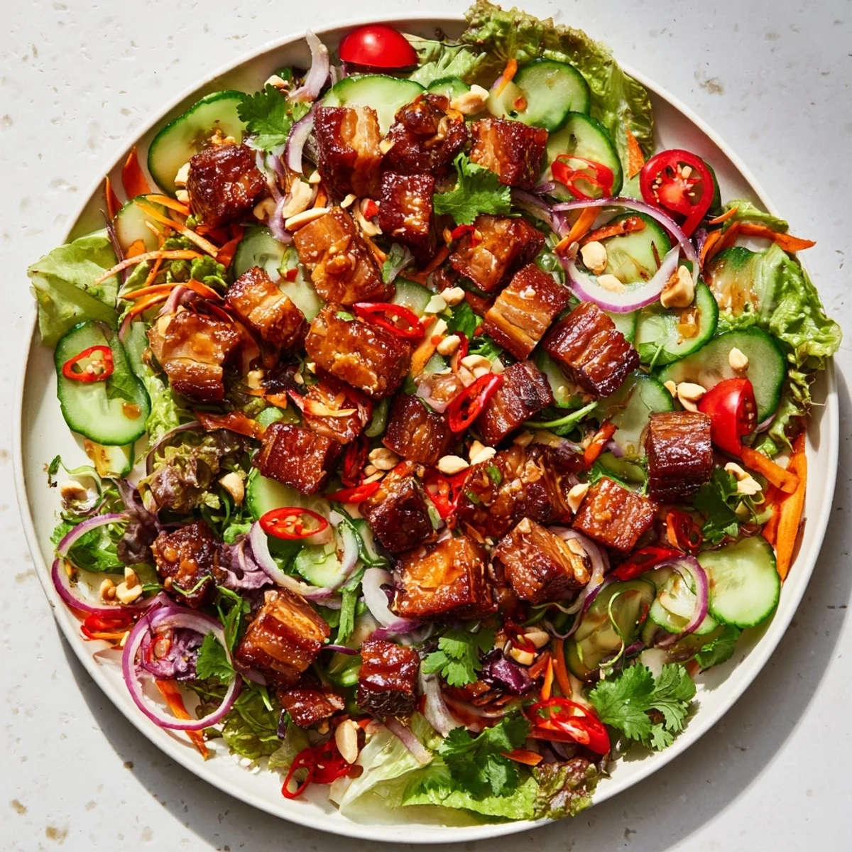 Golden crispy pork belly pieces coated in tangy sweet and sour glaze atop fresh mixed greens
