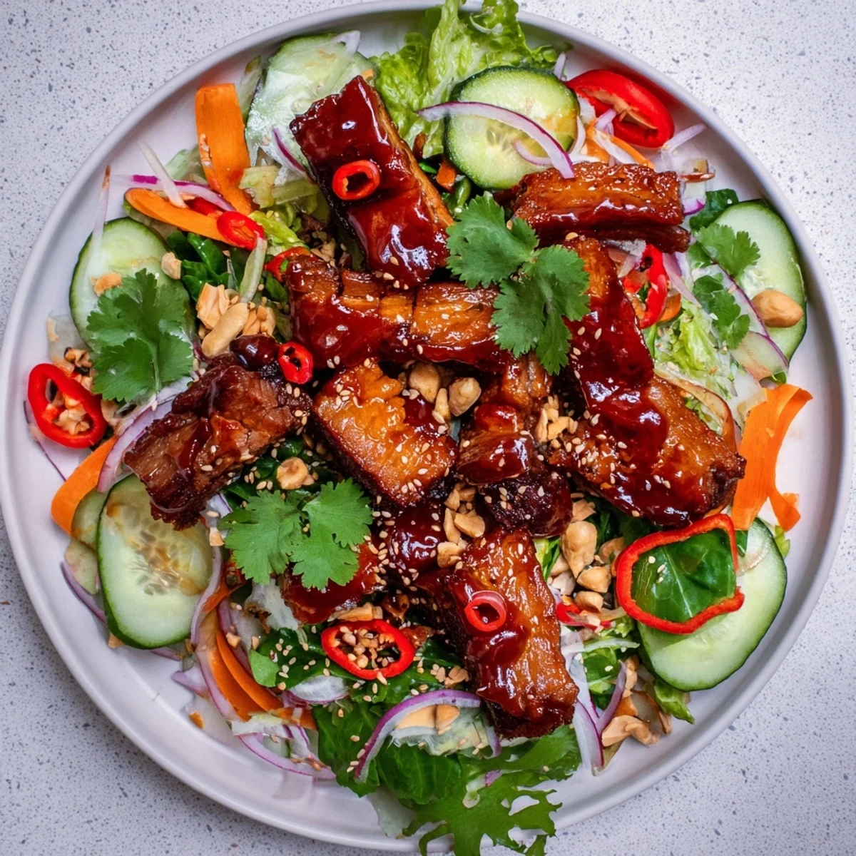 Vibrant salad bowl featuring crunchy glazed pork belly with colorful vegetables and roasted peanut garnish