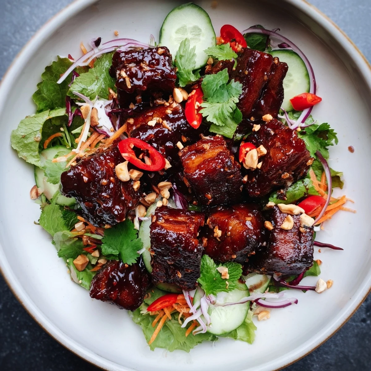 Tender pork belly tossed in glossy sweet and sour sauce served over crisp vegetable salad base