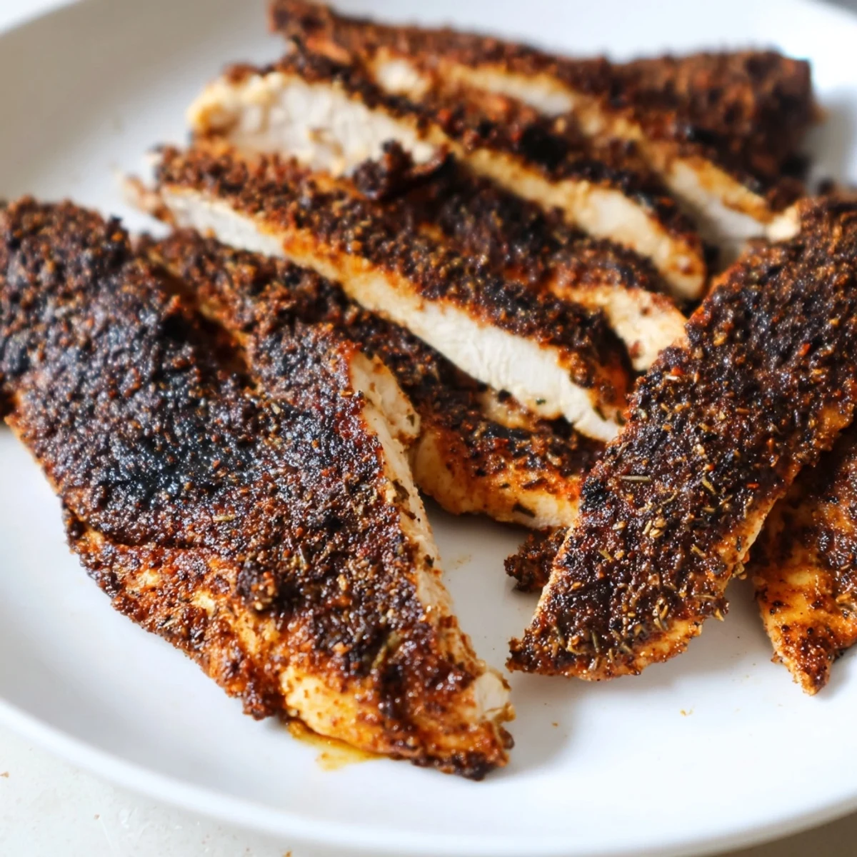 Golden brown blackened chicken with dark crispy spice crust resting on a white plate