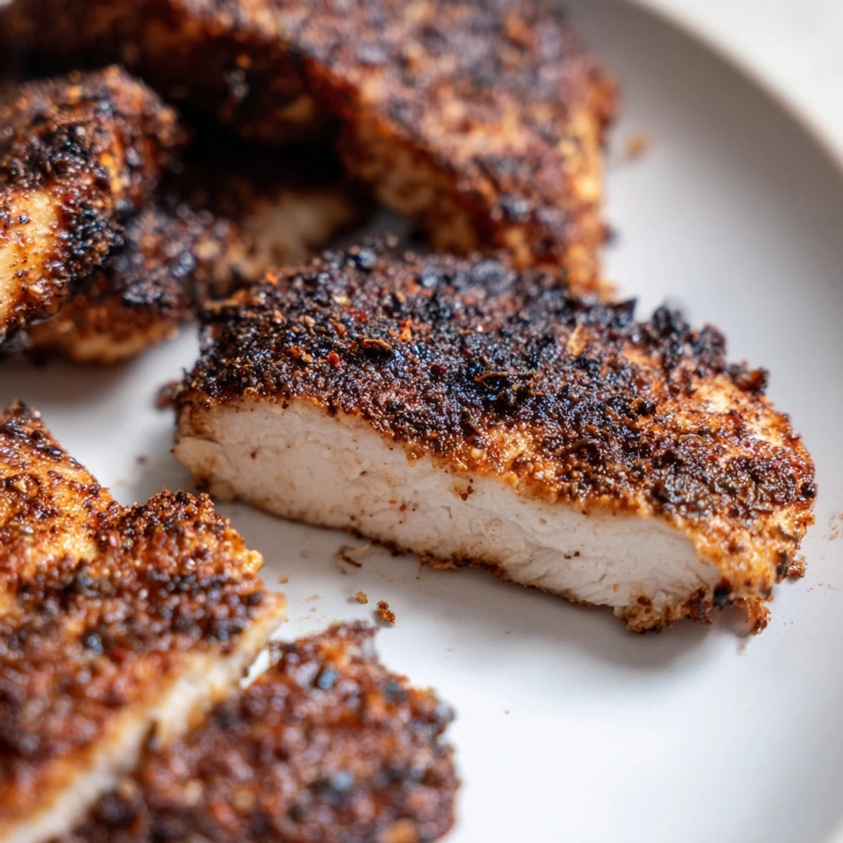 Perfectly cooked blackened chicken with smoky charred exterior on a rustic wooden cutting board