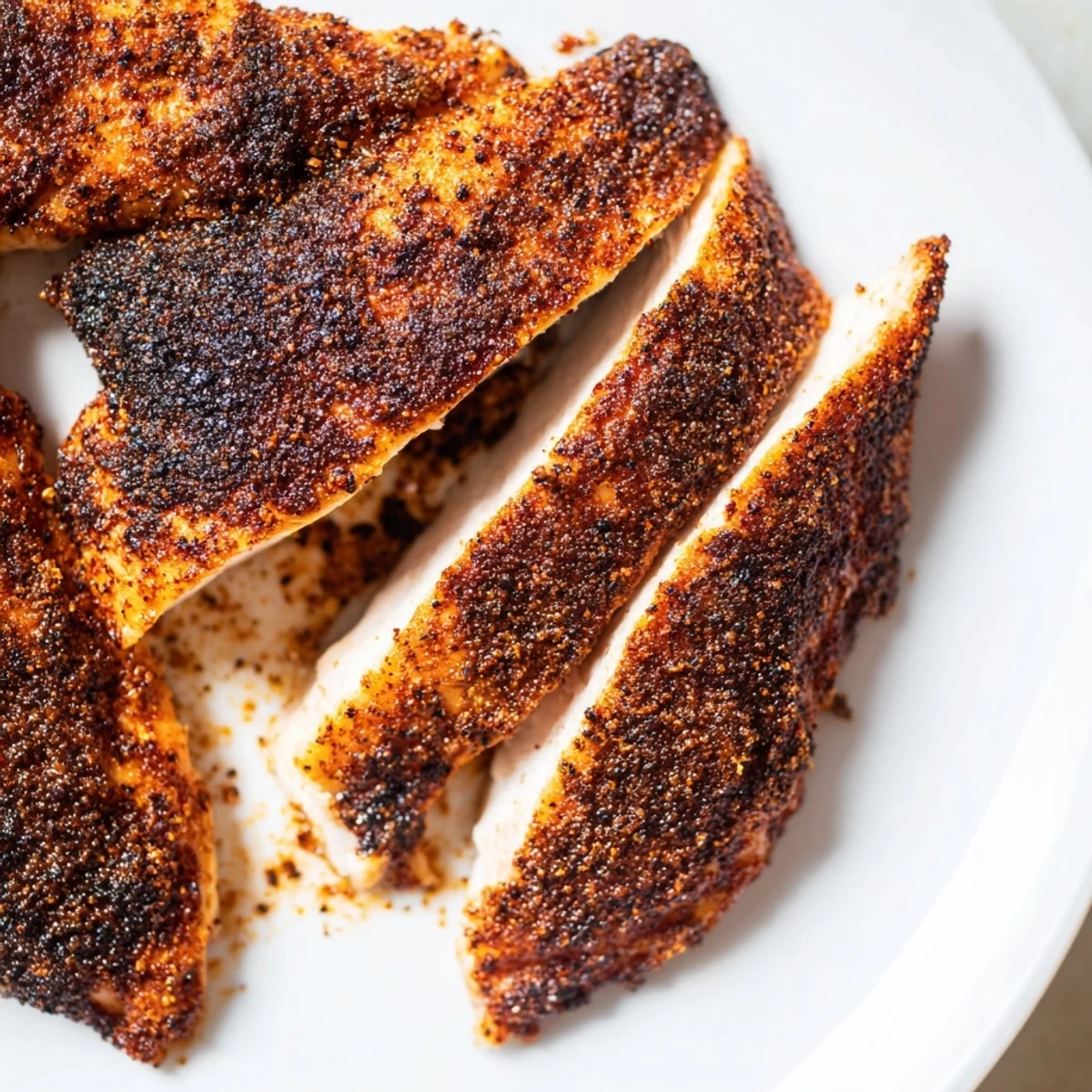 Juicy sliced blackened chicken breast pieces garnished with fresh parsley and lemon wedges