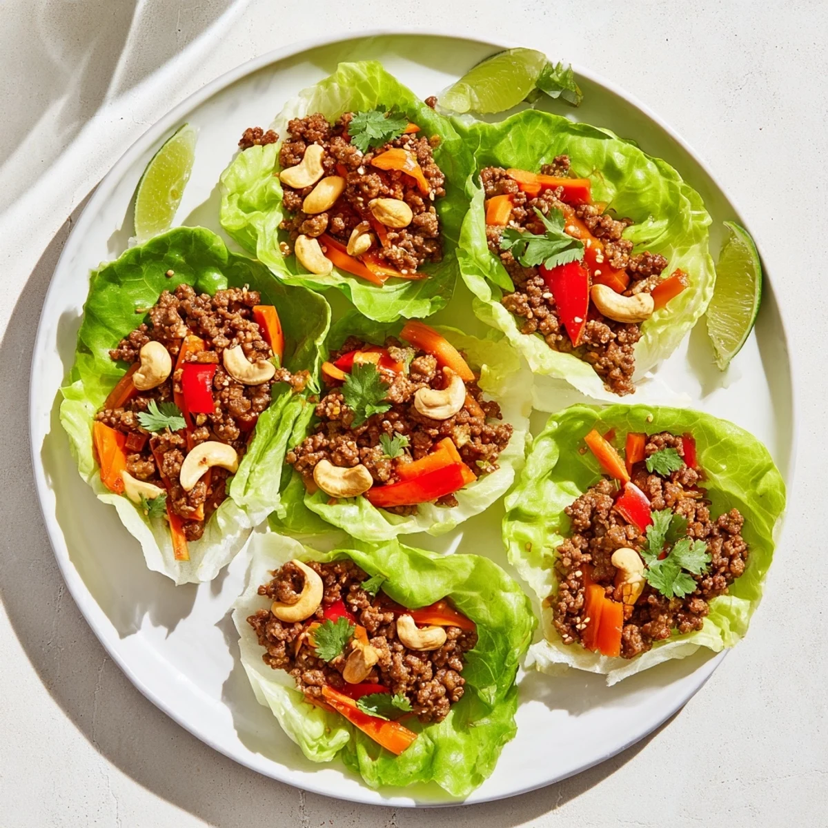 Asian-style beef and cashew lettuce cups featuring aromatic stir-fried ground beef with roasted cashews nestled inside fresh green lettuce wraps