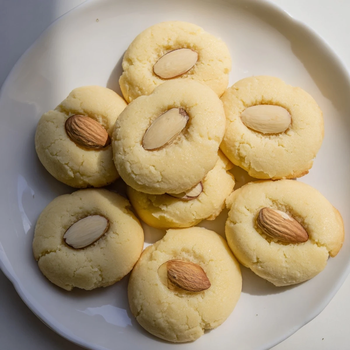 Golden Chinese almond cookies topped with whole almonds arranged on a wire cooling rack