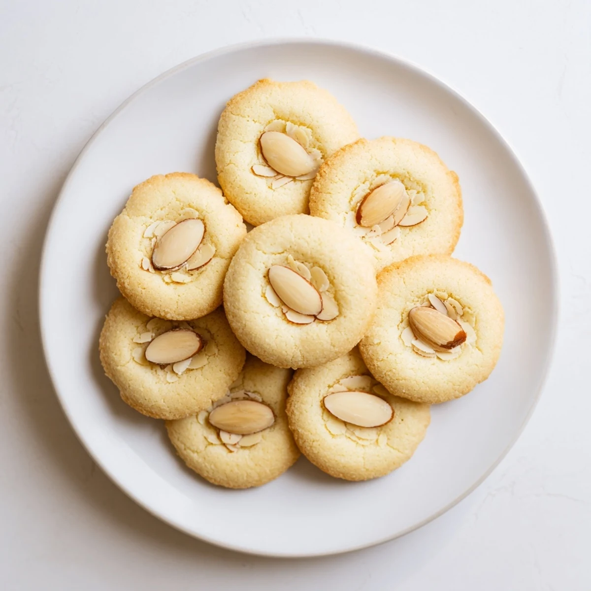 Plate of crumbly Chinese almond cookies with golden edges served alongside a cup of tea