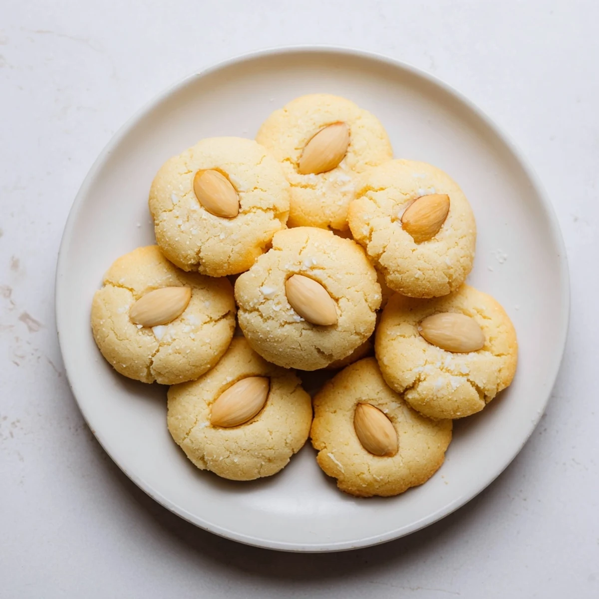Close up of Chinese almond cookies featuring blanched almond center and glossy egg wash finish