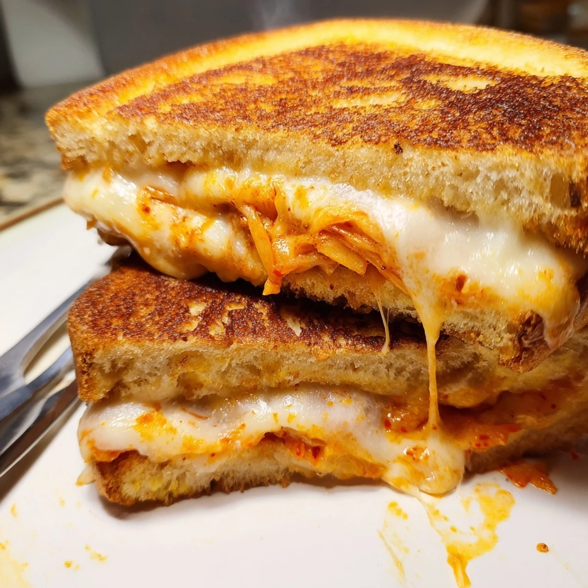 Golden brown kimchi grilled cheese sandwich with melted cheddar and mozzarella oozing from crispy buttered sourdough bread slices