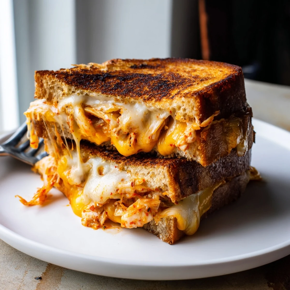 Sliced kimchi grilled cheese on wooden cutting board showing crisp exterior with melted cheese and fermented vegetable filling