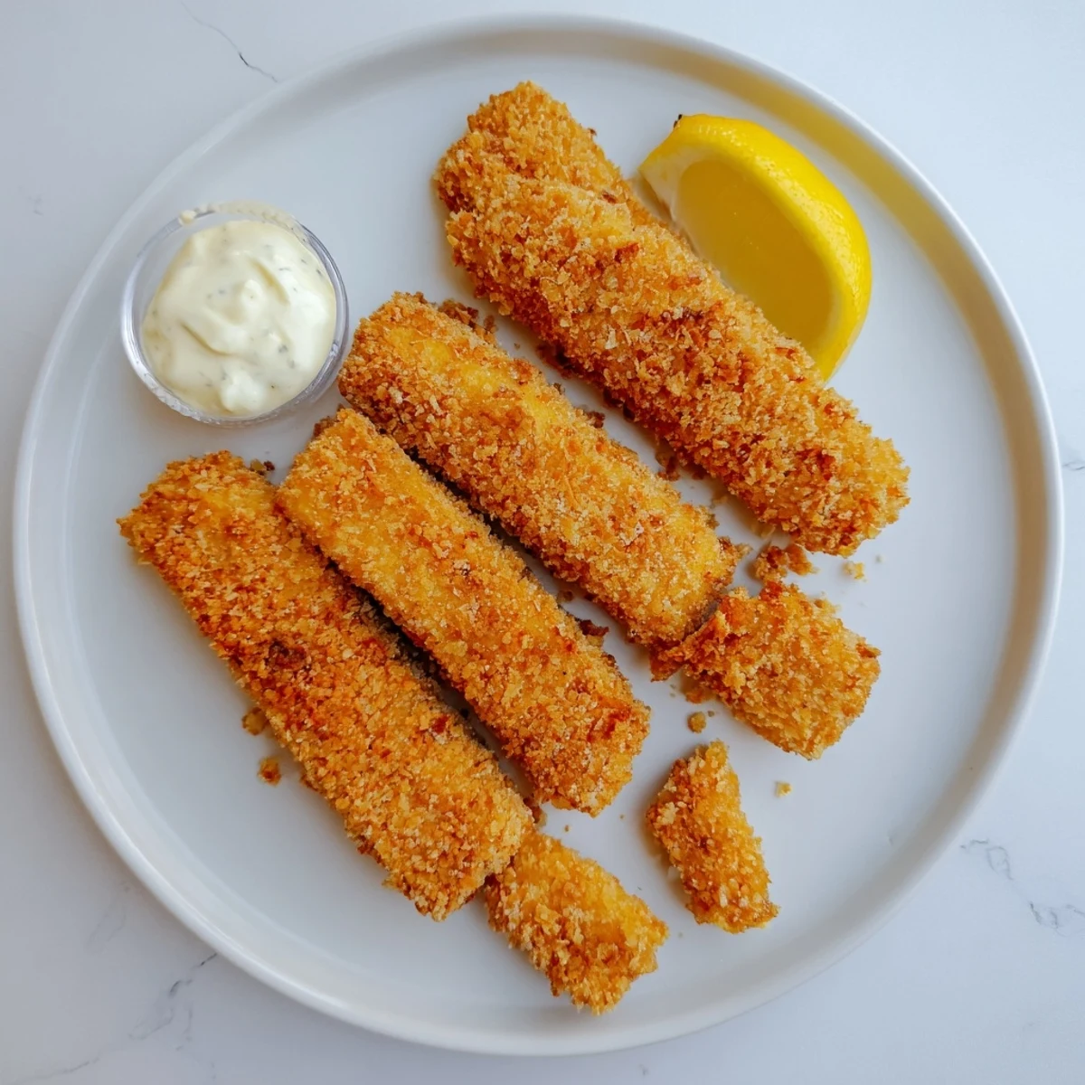 Golden corn chip fish fingers arranged on a baking sheet, crispy coating ready for dipping
