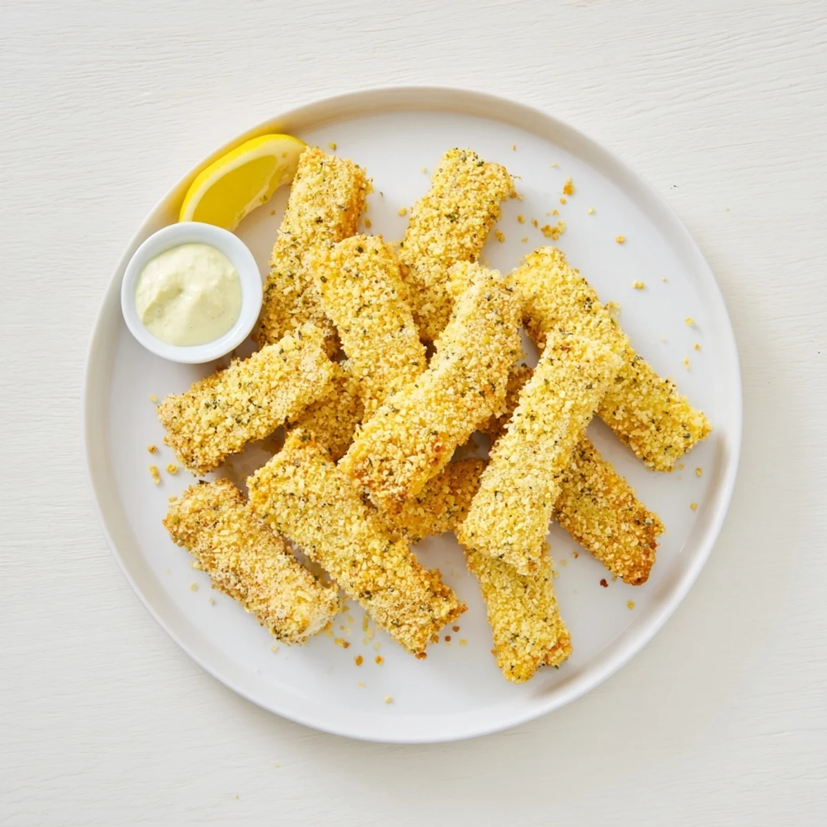Homemade corn chip fish fingers with crunchy tortilla chip coating, served with fresh lemon wedges
