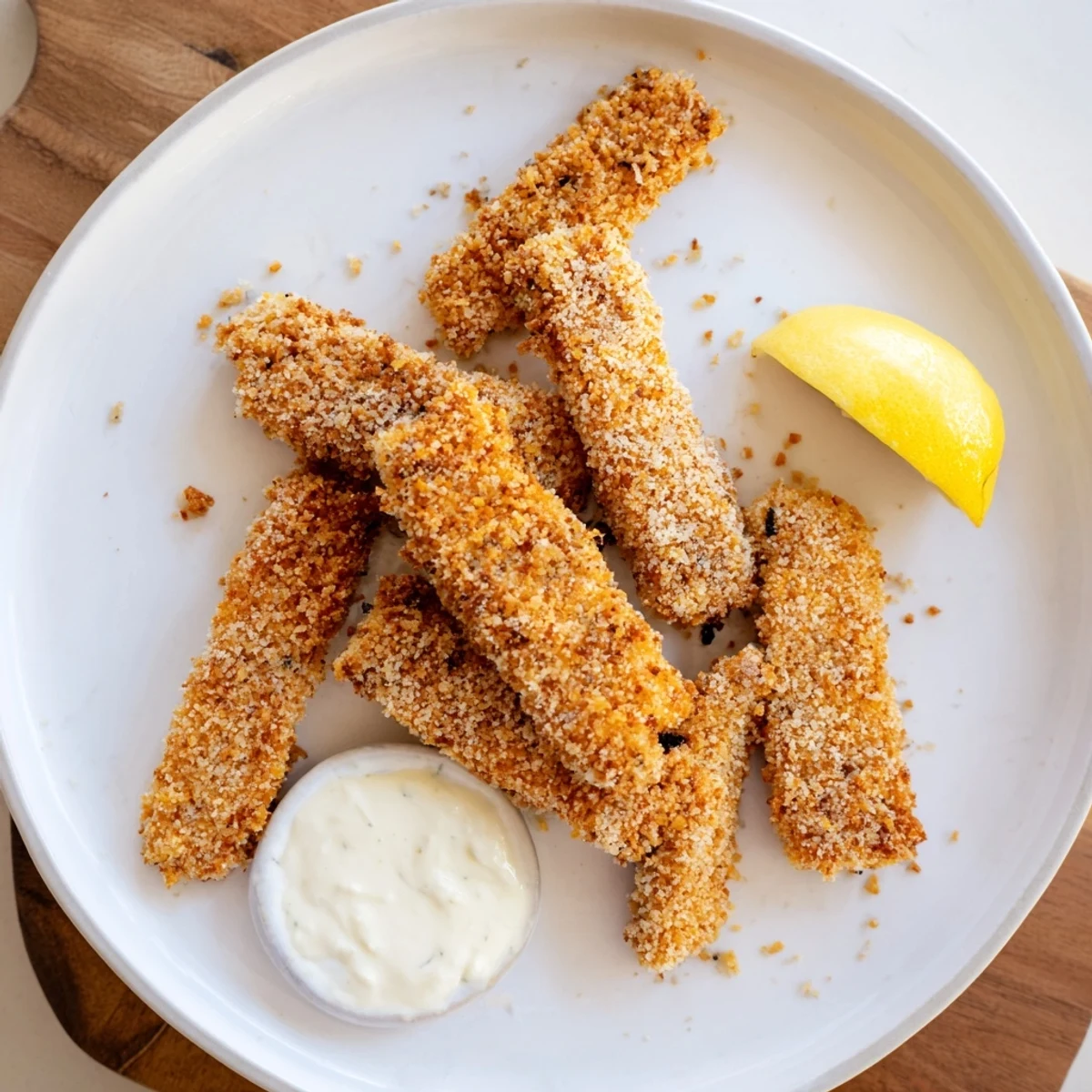 Baked corn chip fish fingers featuring golden crushed chips over tender white fish strips