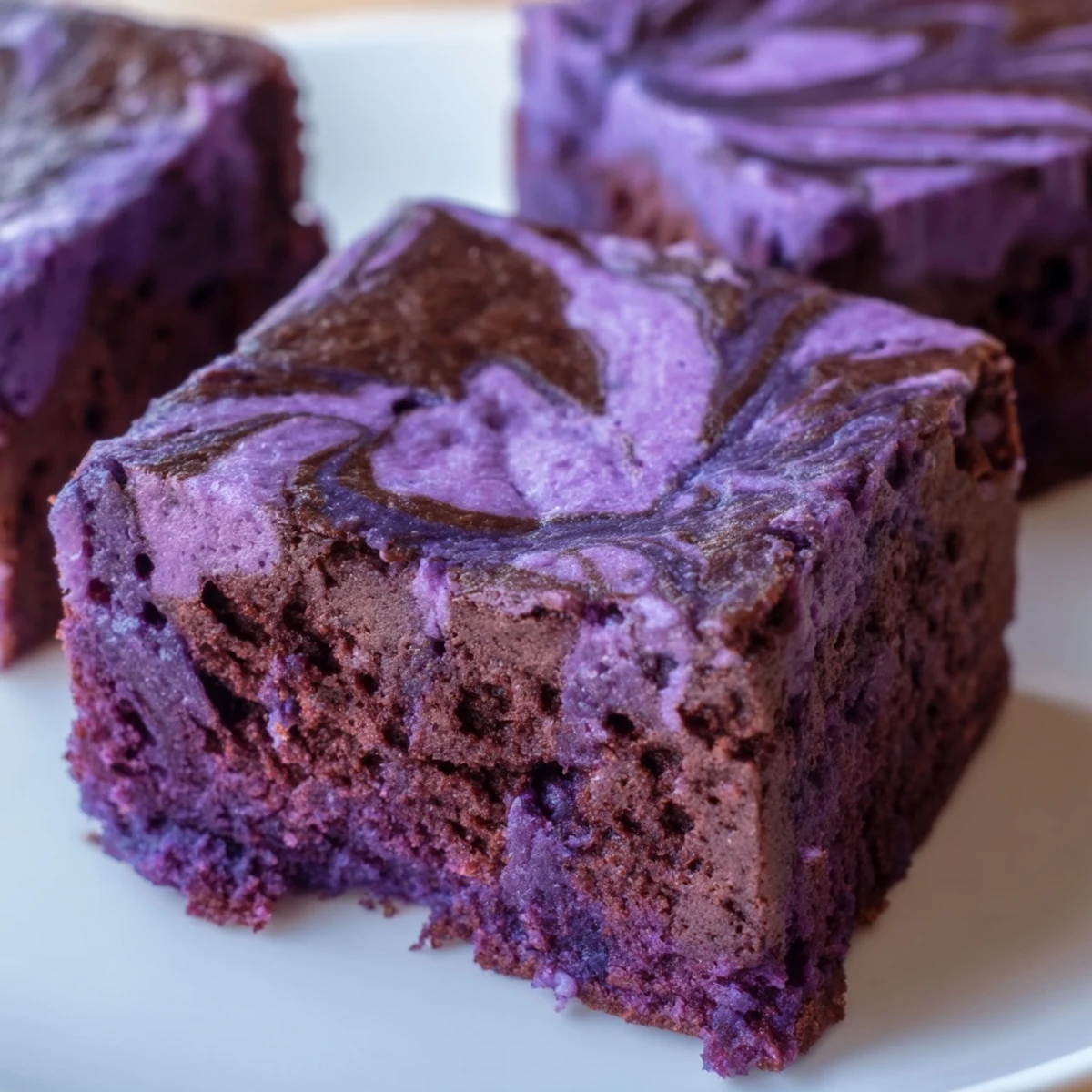 Fudgy purple ube brownies swirled with melted chocolate on a white plate