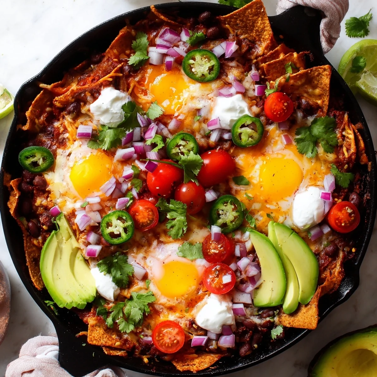 Crispy tortilla chips topped with spiced black beans and perfectly baked Mexican egg nachos