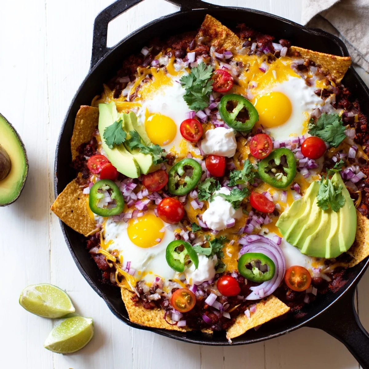 Golden Mexican egg nachos with baked eggs, melted cheese and fresh avocado slices