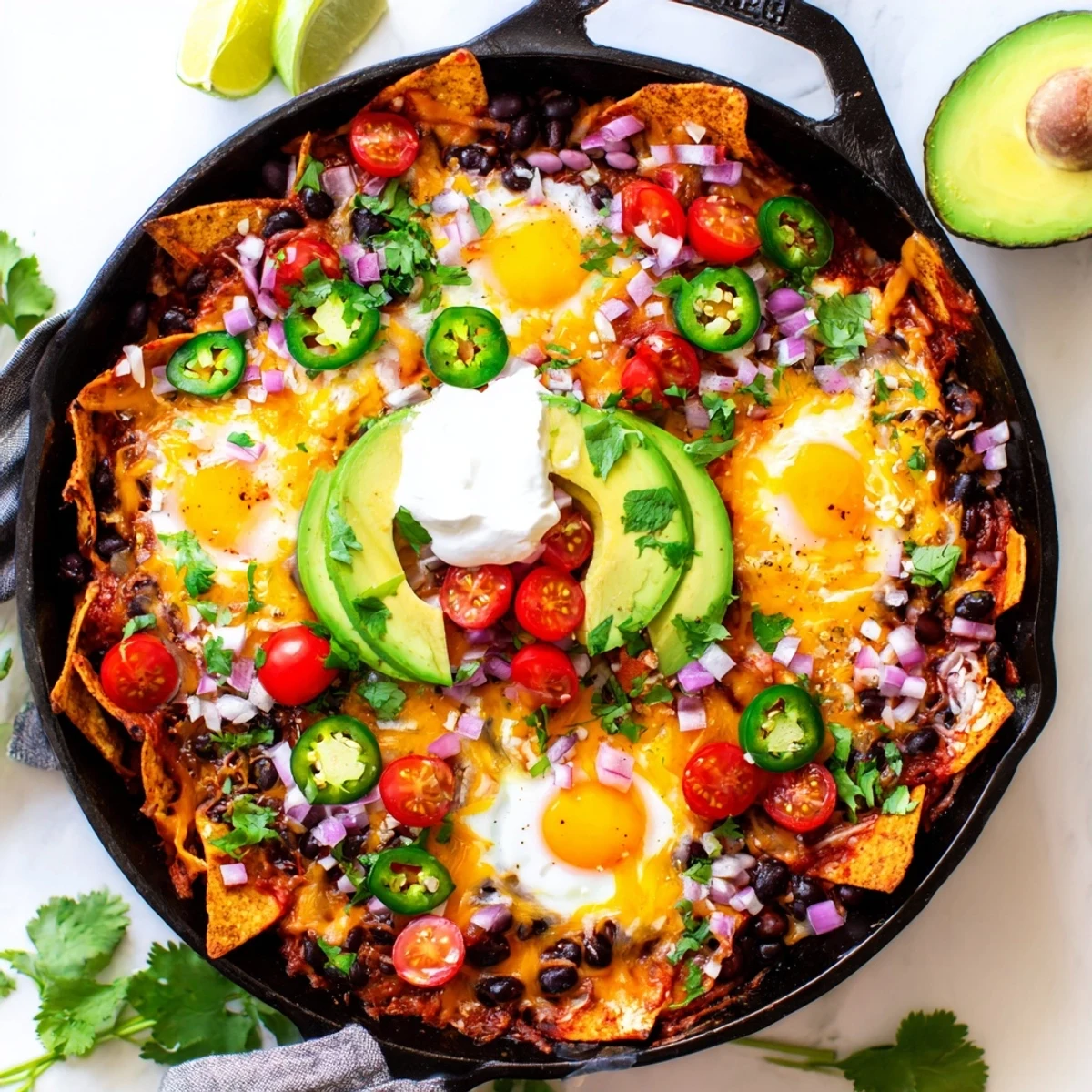 Oven-baked Mexican egg nachos layered with cheese, salsa and creamy avocado garnish