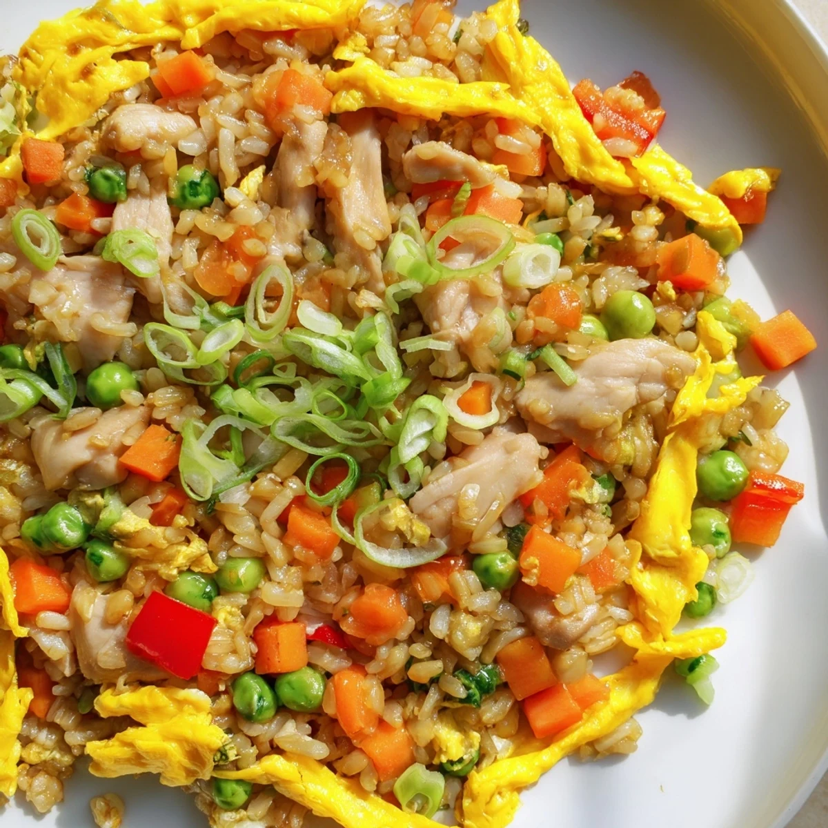 Golden chicken fried rice topped with delicate sliced egg omelette strips and colorful vegetables