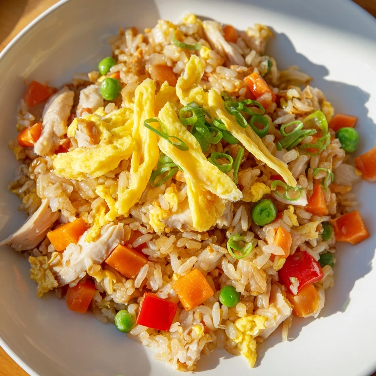 Steamy plate of chicken fried rice garnished with rolled egg omelette and fresh green onions