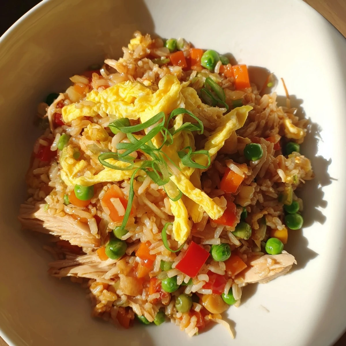 Homemade chicken fried rice featuring tender meat, crisp veggies, and golden egg omelette ribbons