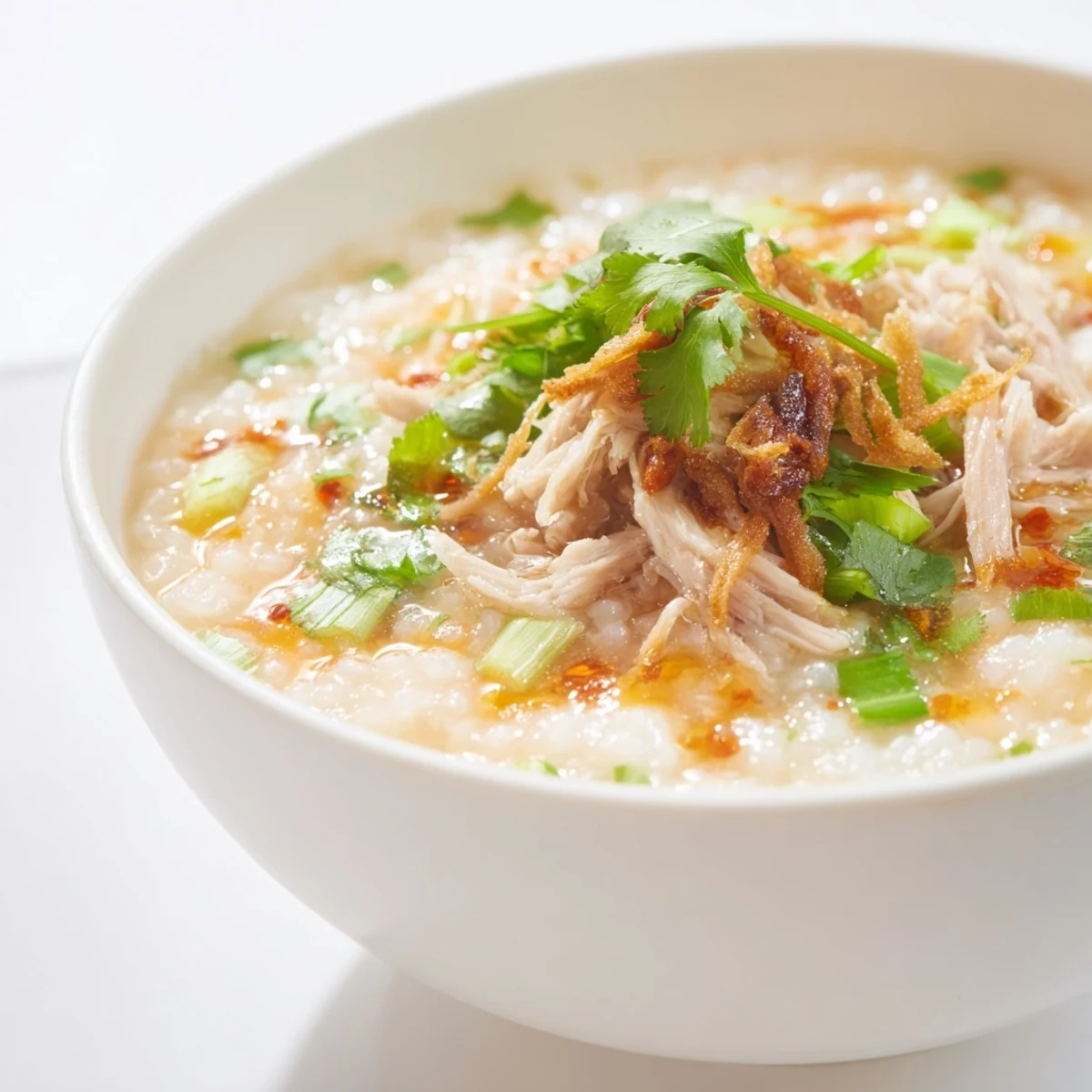 Comforting turkey congee simmered with aromatics in a deep bowl, garnished with green onions and boiled egg