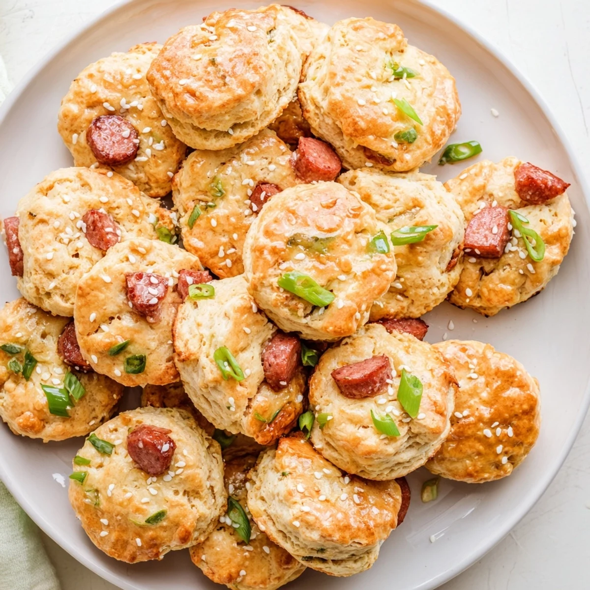 Golden brown homemade Chinese sausage biscuits studded with savory cured meat pieces and fresh scallions