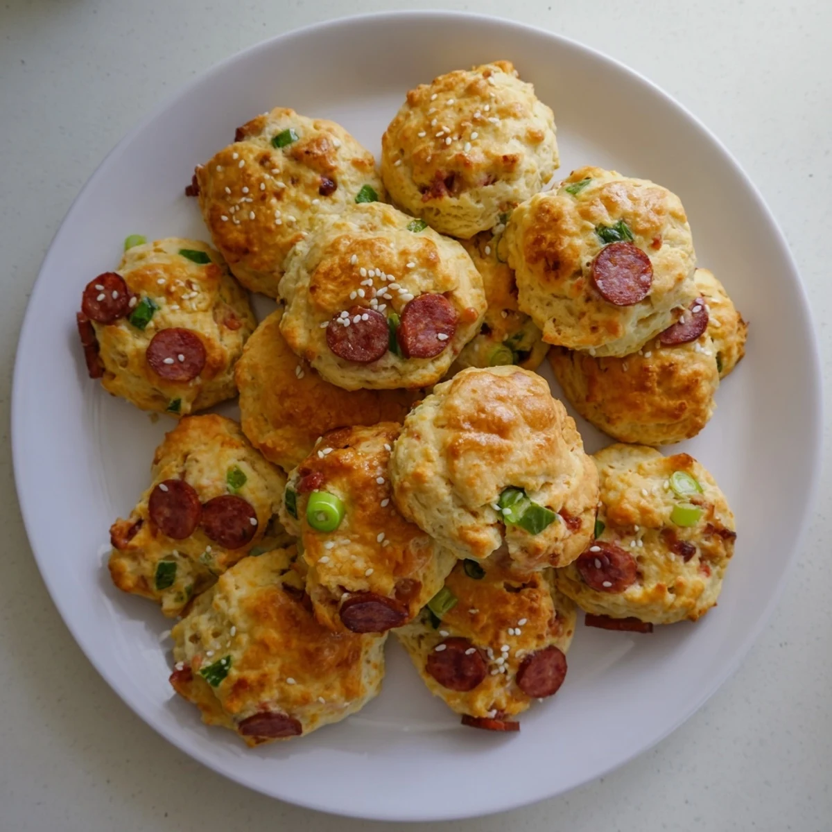Freshly baked homemade Chinese sausage biscuits arranged on a wire rack, steam rising from warm layers