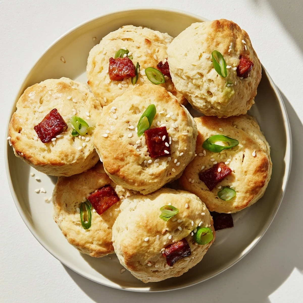 Flaky buttery biscuits baked until golden with Chinese sausage and sesame seeds sprinkled on top