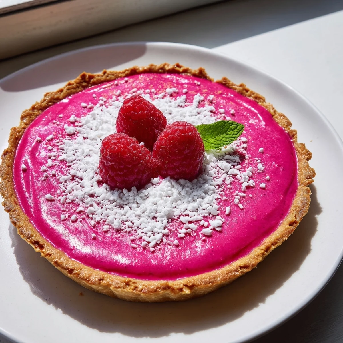 Golden vegan raspberry curd tarts topped with fresh berries and mint leaves on white plate