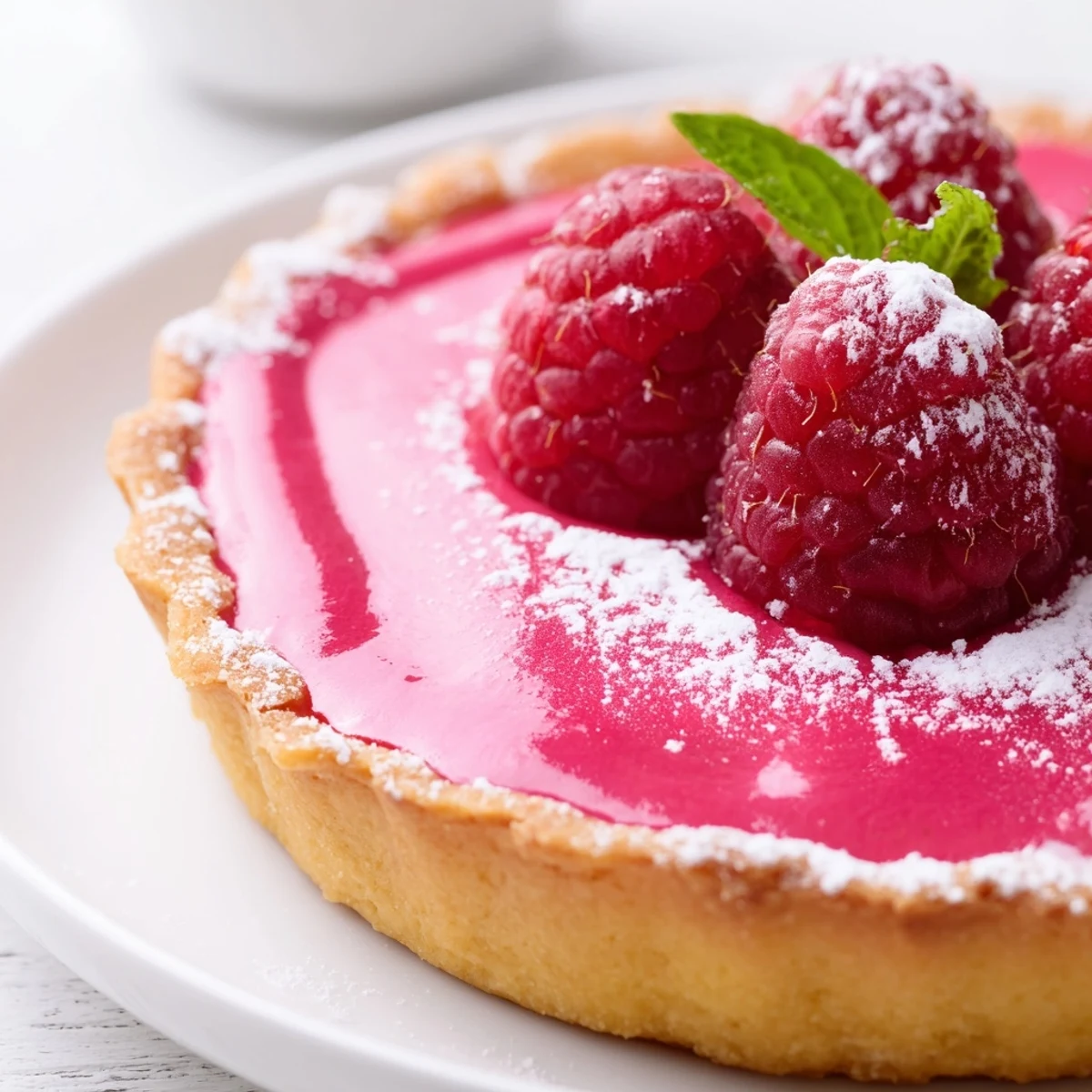 Mini vegan raspberry curd tarts garnished with powdered sugar and whole fresh raspberries