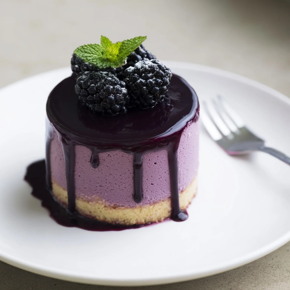 Mini blackberry mousse cakes with glossy purple glaze and fresh berry garnish on white plate