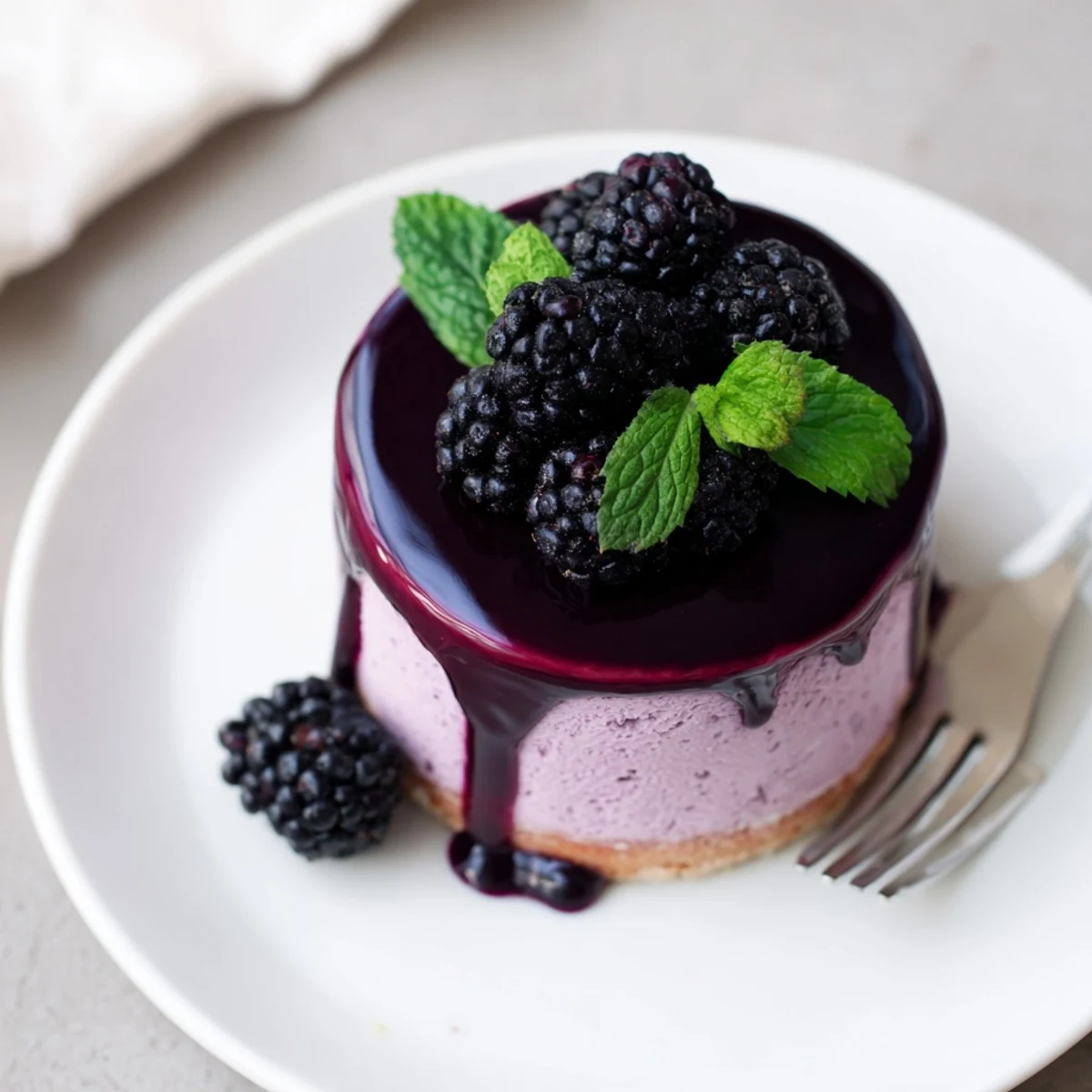 Individual blackberry mousse cakes featuring airy purple dessert atop tender sponge base with fruit topping