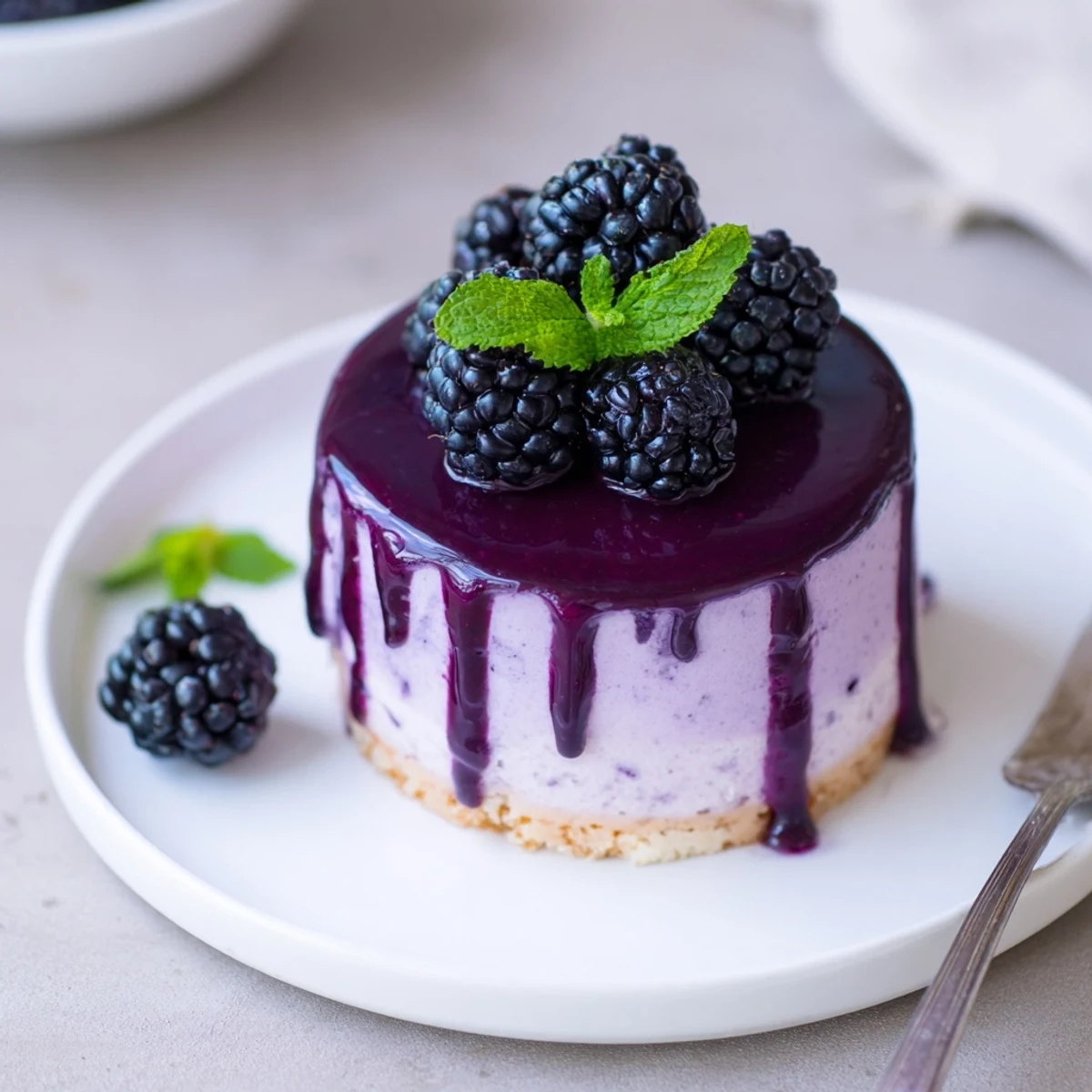Elegant mini blackberry mousse cakes with smooth dark glaze dripping down the sides on serving dish