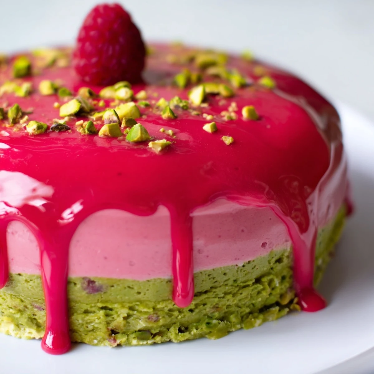 Mini raspberry pistachio mousse cakes with glossy red glaze and chopped pistachio garnish