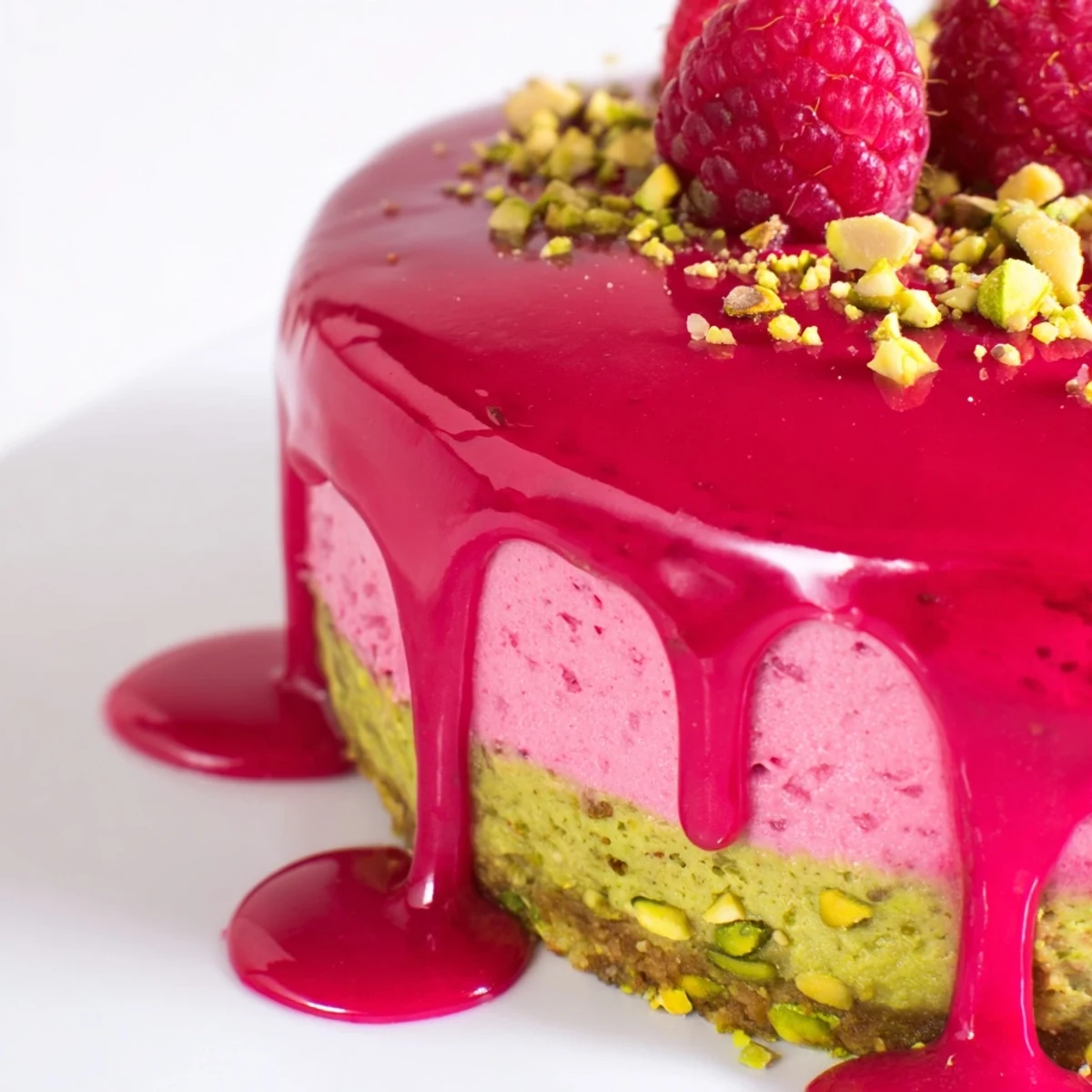 Elegant individual desserts featuring layered pistachio sponge and creamy mousses topped with fresh raspberries
