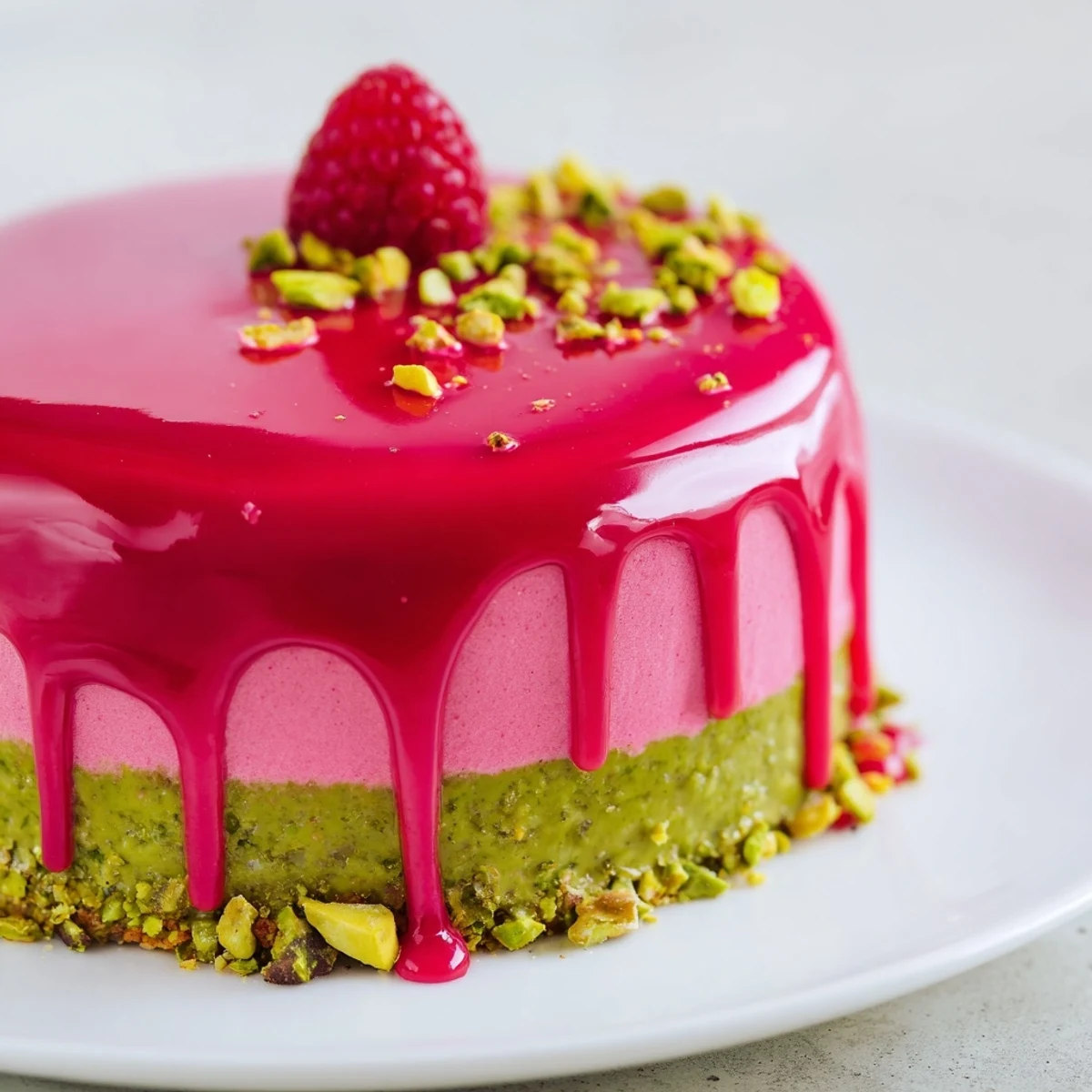 French-inspired mini cakes showcasing vibrant raspberry glaze over green pistachio mousse layers