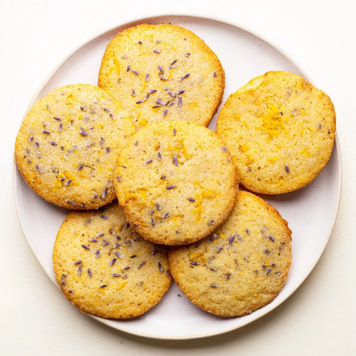Soft buttery lemon lavender cookies arranged on a rustic wooden serving board for afternoon tea