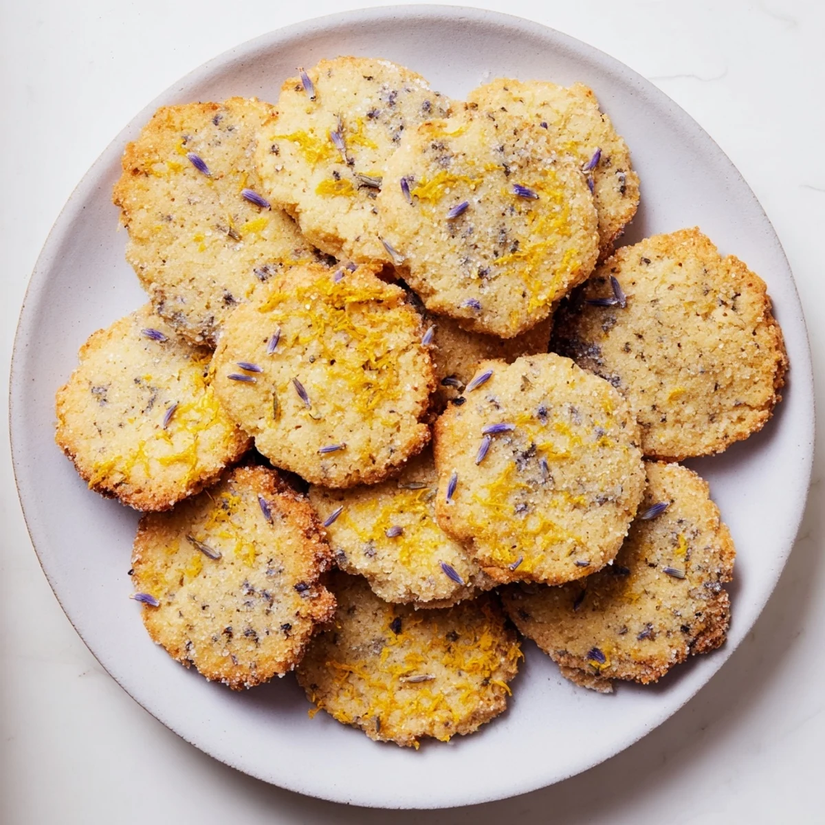 Golden lemon lavender cookies on a white cooling rack with visible purple lavender buds