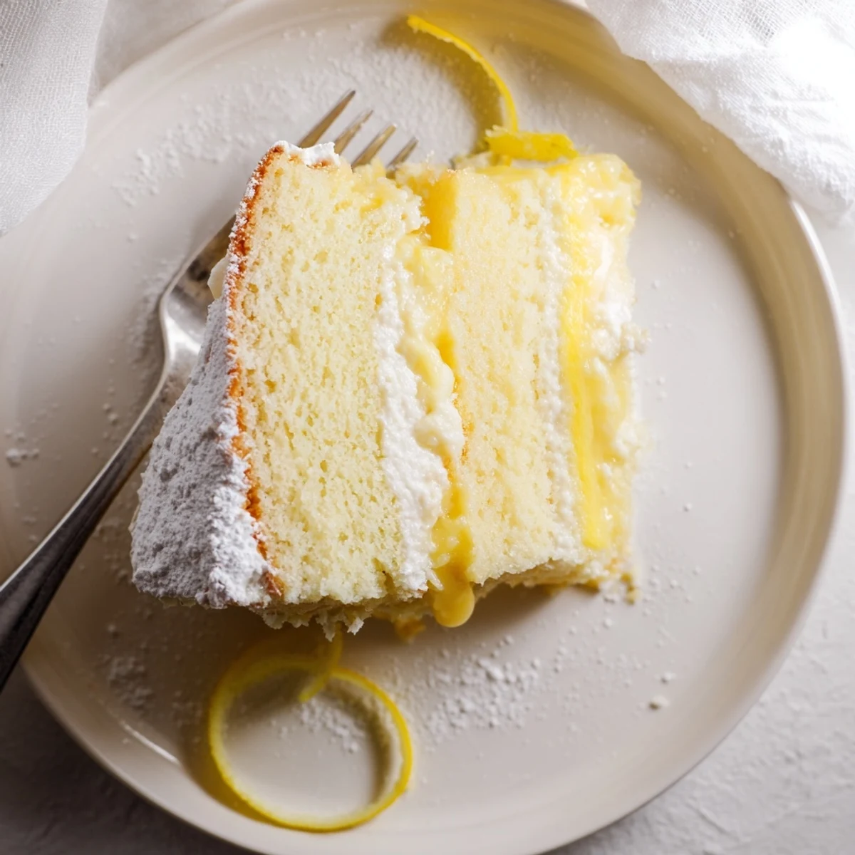 Golden slice of Italian Grandmas Lemon Custard Cake with creamy lemon filling visible between layers