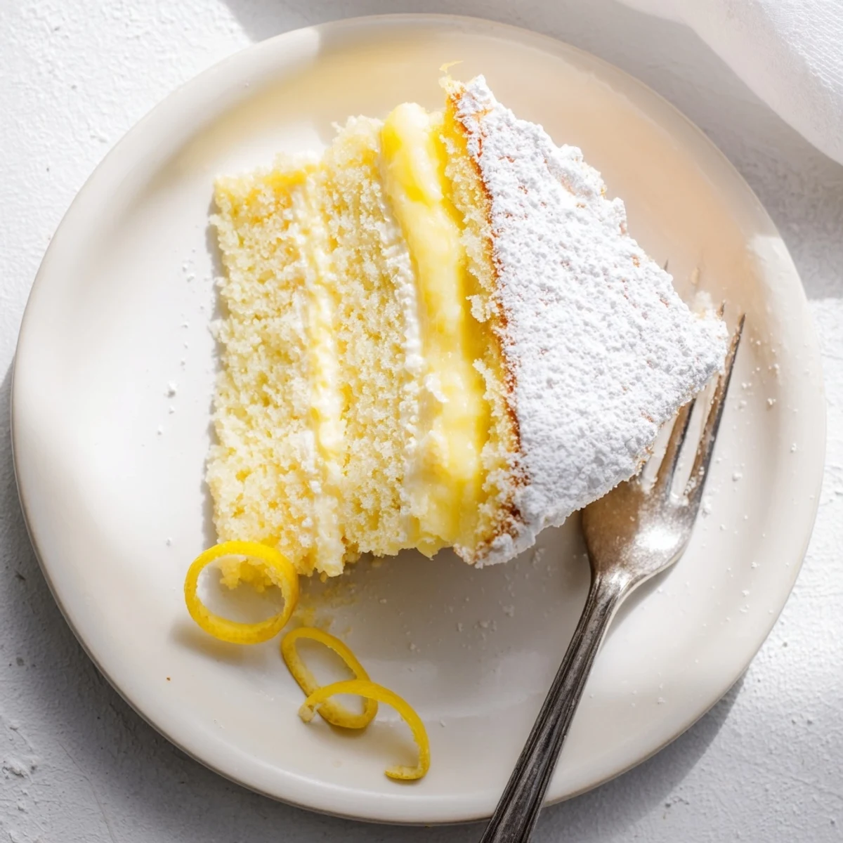 Homemade Italian Grandmas Lemon Custard Cake served on white plate with bright citrus zest topping