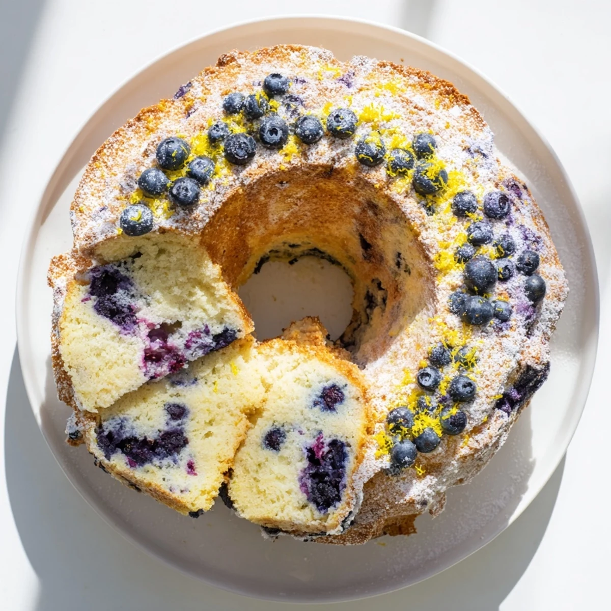 Light and fluffy blueberry chiffon cake slice plated with whipped cream and lemon zest garnish