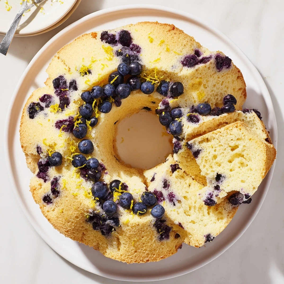 Tall airy chiffon cake studded with juicy blueberries cooling inverted on a wire rack