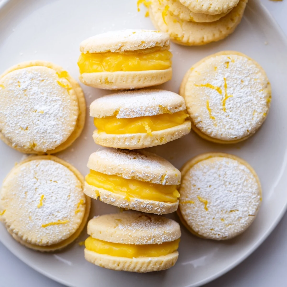 Golden lemon sandwich cookies filled with tangy homemade curd on a white serving plate