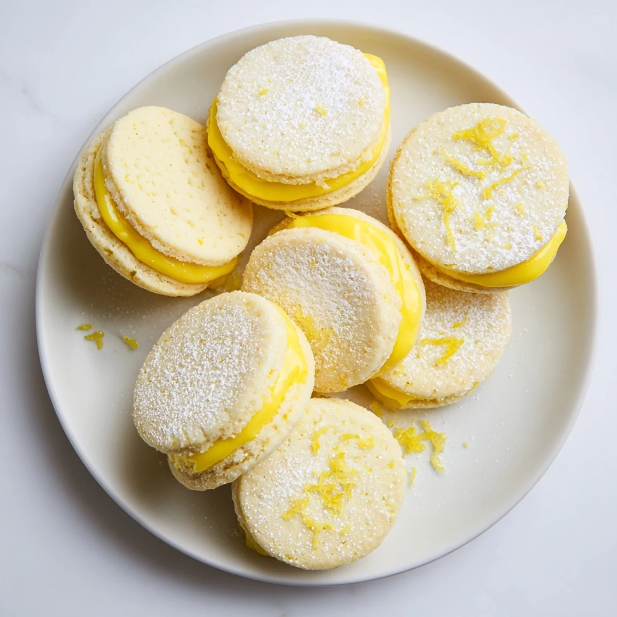 Close-up of vegan lemon sandwich cookies revealing bright yellow curd between soft gluten-free rounds