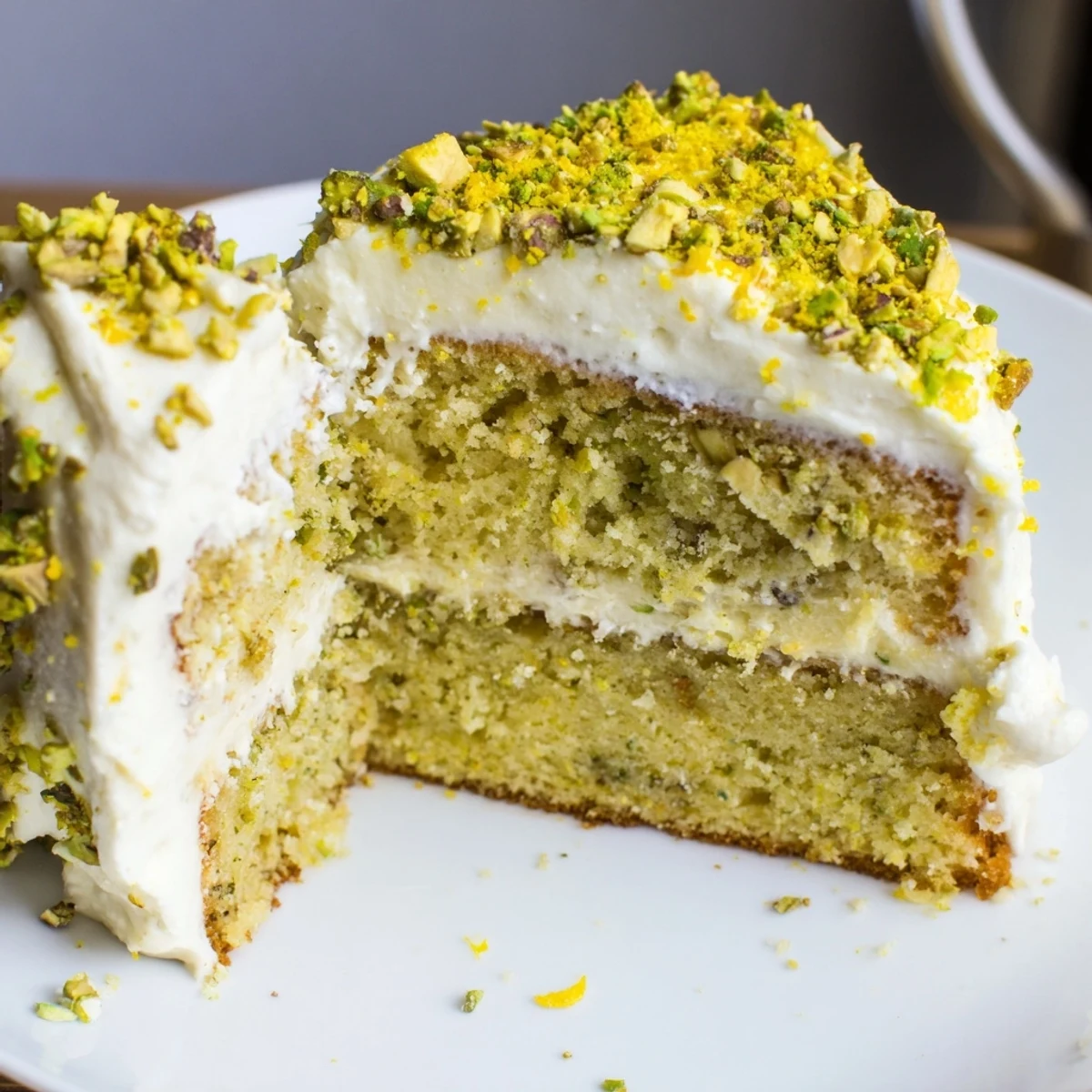 Golden slice of lemon pistachio cake with mascarpone frosting topped with chopped pistachios and bright lemon zest