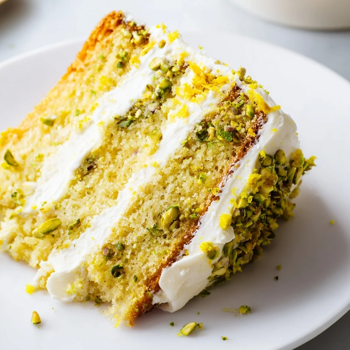 Elegant layer cake featuring creamy mascarpone frosting over moist lemon pistachio cake garnished with green nuts