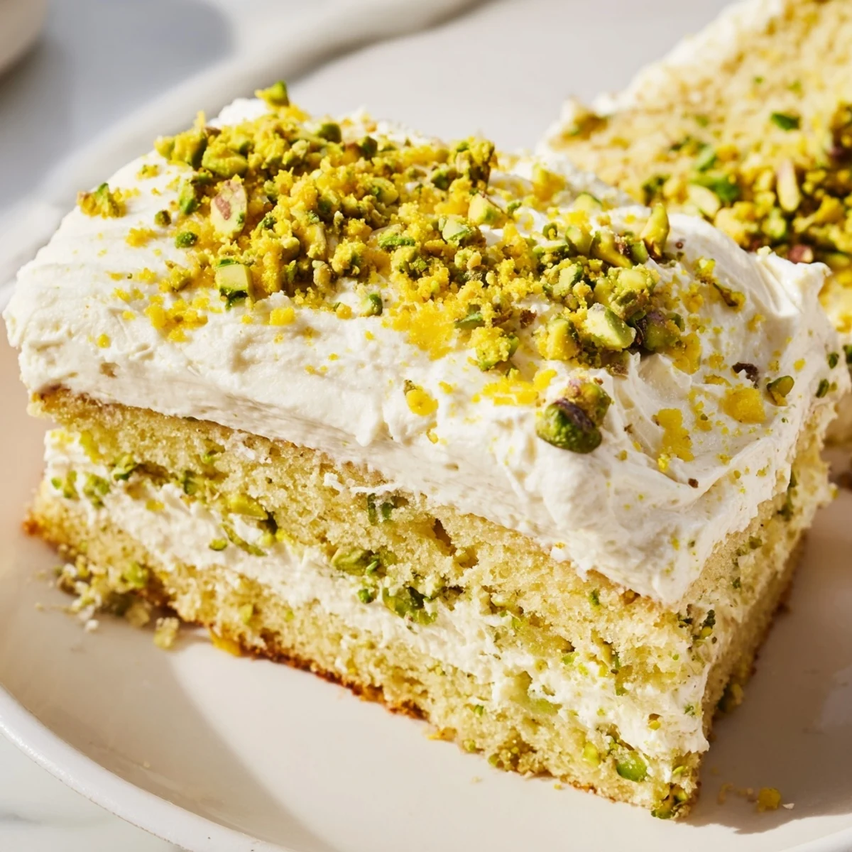 Slice of fluffy lemon pistachio cake with mascarpone frosting decorated with fresh lemon zest and crunchy pistachios