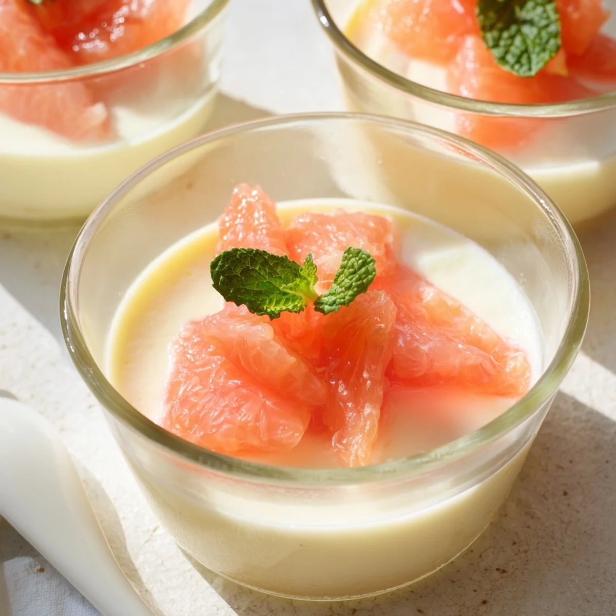 Silky smooth grapefruit panna cotta dessert garnished with bright grapefruit wedges on a white plate