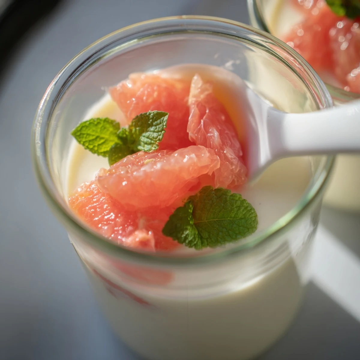 Creamy grapefruit panna cotta topped with fresh citrus segments and mint leaves in glass ramekins